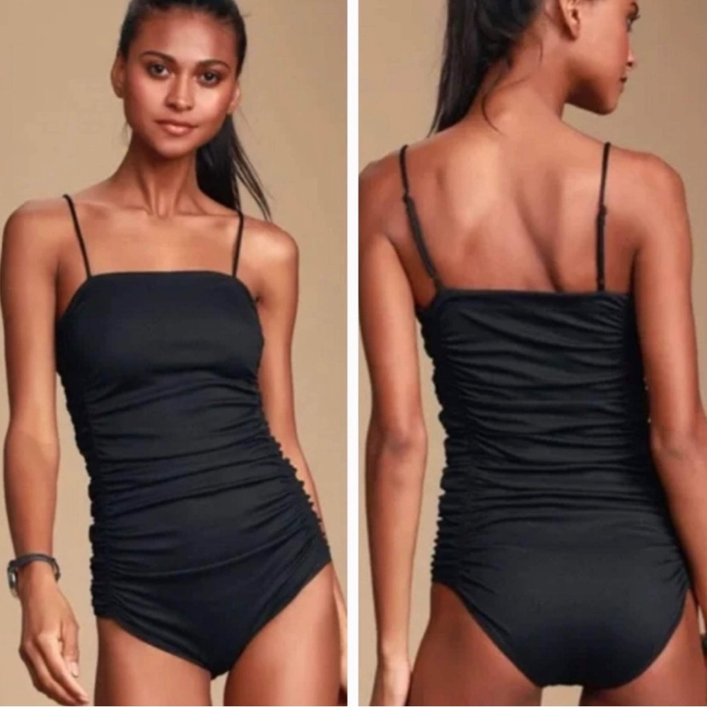 NWOT Free People intimates black square neck ruched ribbed bodysuit. Size XS